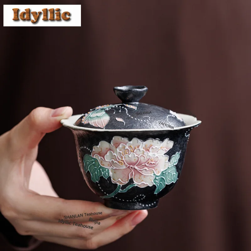 HOYIHM 120ml Ink Rhythm Hand-painted Peony Gaiwan Boutique Tea Tureen Tea Bowl With Lid Kit Tea Maker Cover Bowl Teaset Gift Cha