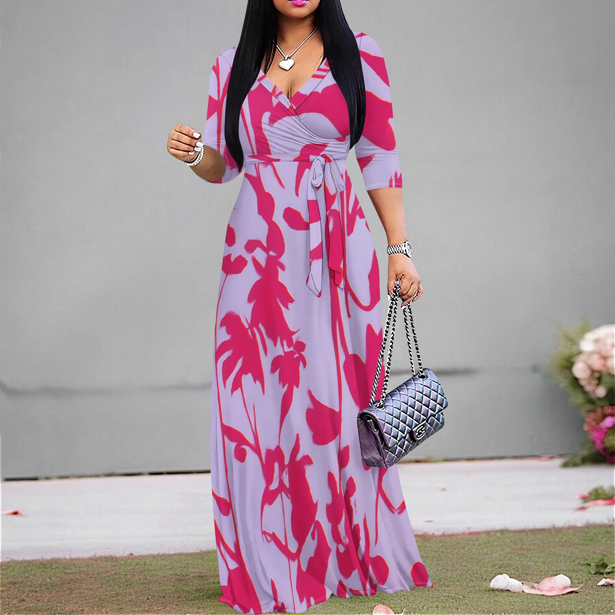 

2025 Floral Print Maxi Dress for Women Plus Size V Neck Belted Long Sleeve Summer Casual Holiday Beach Dress XS-3XL