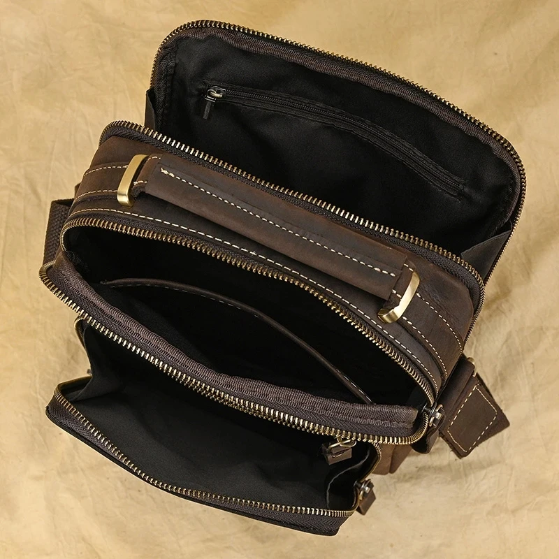 Luufan bolso de hombro de cuero genuino para hombre, bandolera de piel de Caballo Loco Vintage, bolsillo con doble cremallera y solapa, bolso de