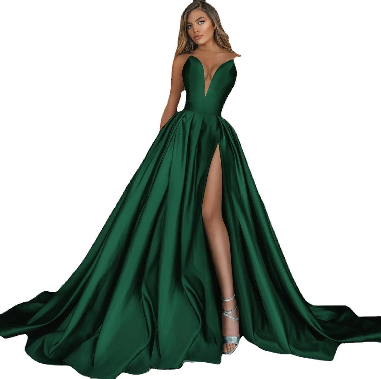 

2025 Autumn Winter New Women's Sexy Deep V Split Long Wedding Dress