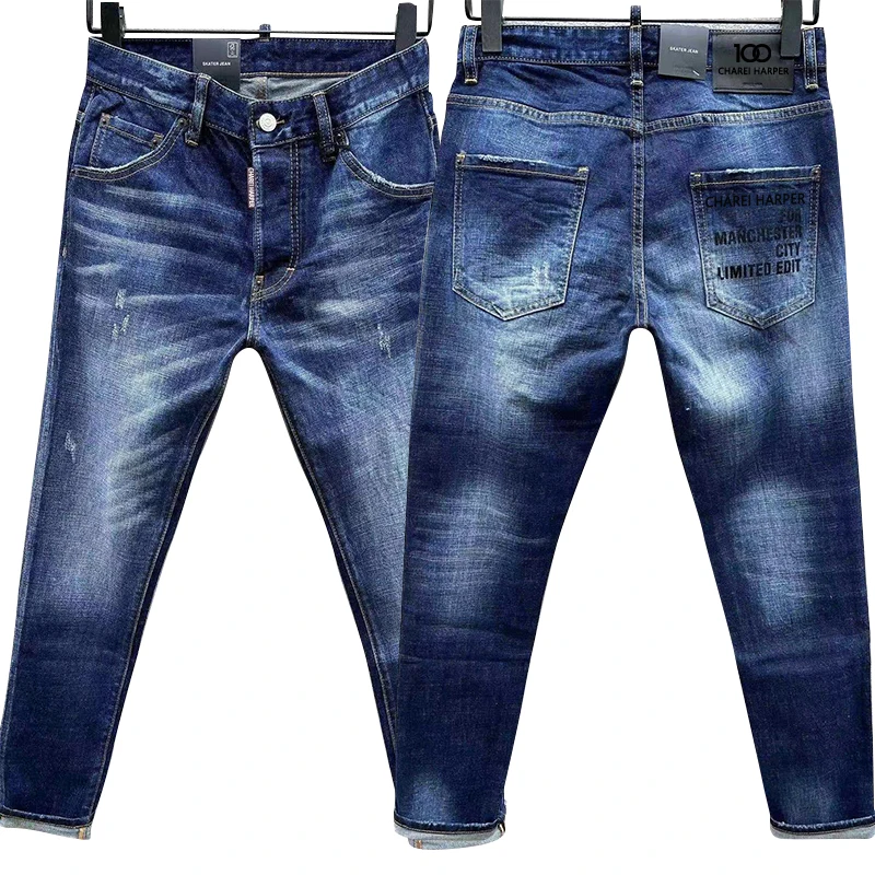 

100 charareiharper c053 men's jeans fabric stretch ripped retro blue men's jeans fashion