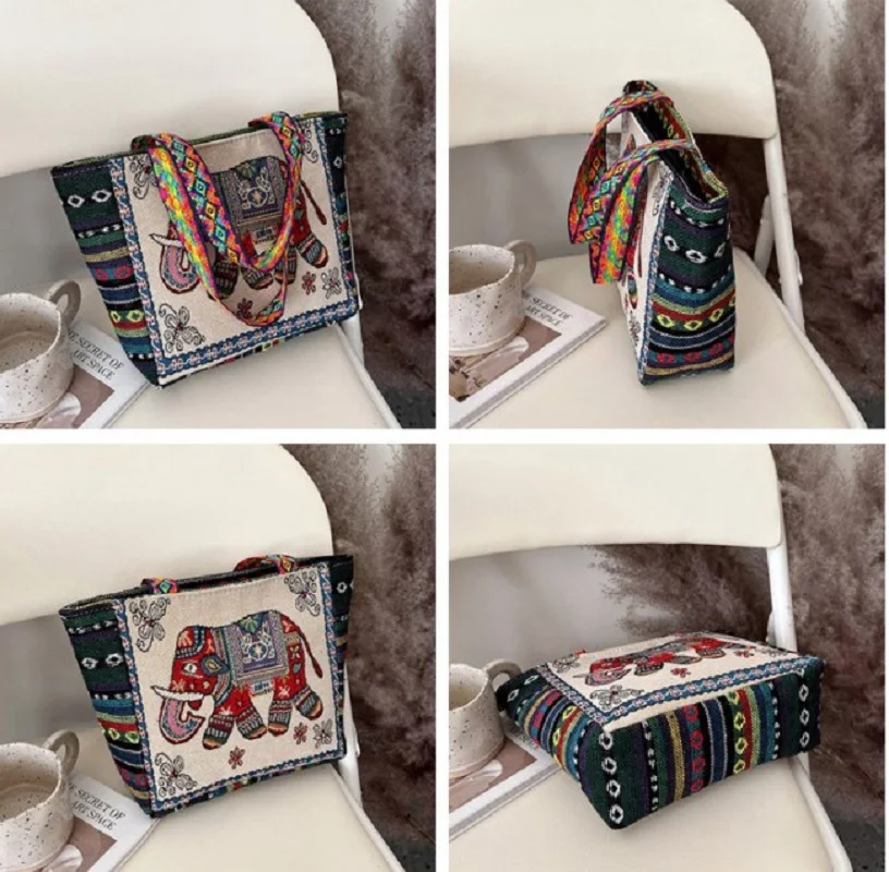 Retro Ethnic Style Women Tote Bag Owl Elephant Pattern Linen Boho Fashion Handmade Handbags Travel Beach Bag Casual Shopping Bag