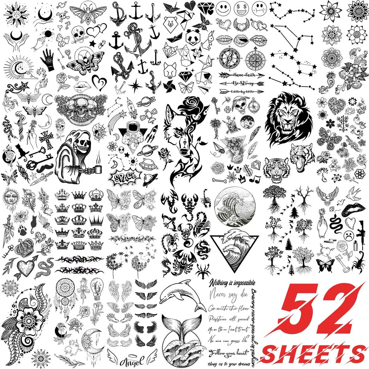 52 Sheets Small Temporary Tattoos For Adult Hands Tiny Animal Butterfly Tattoo Sticker 3D Fake Flower Infinity Cute Tatoos Kits