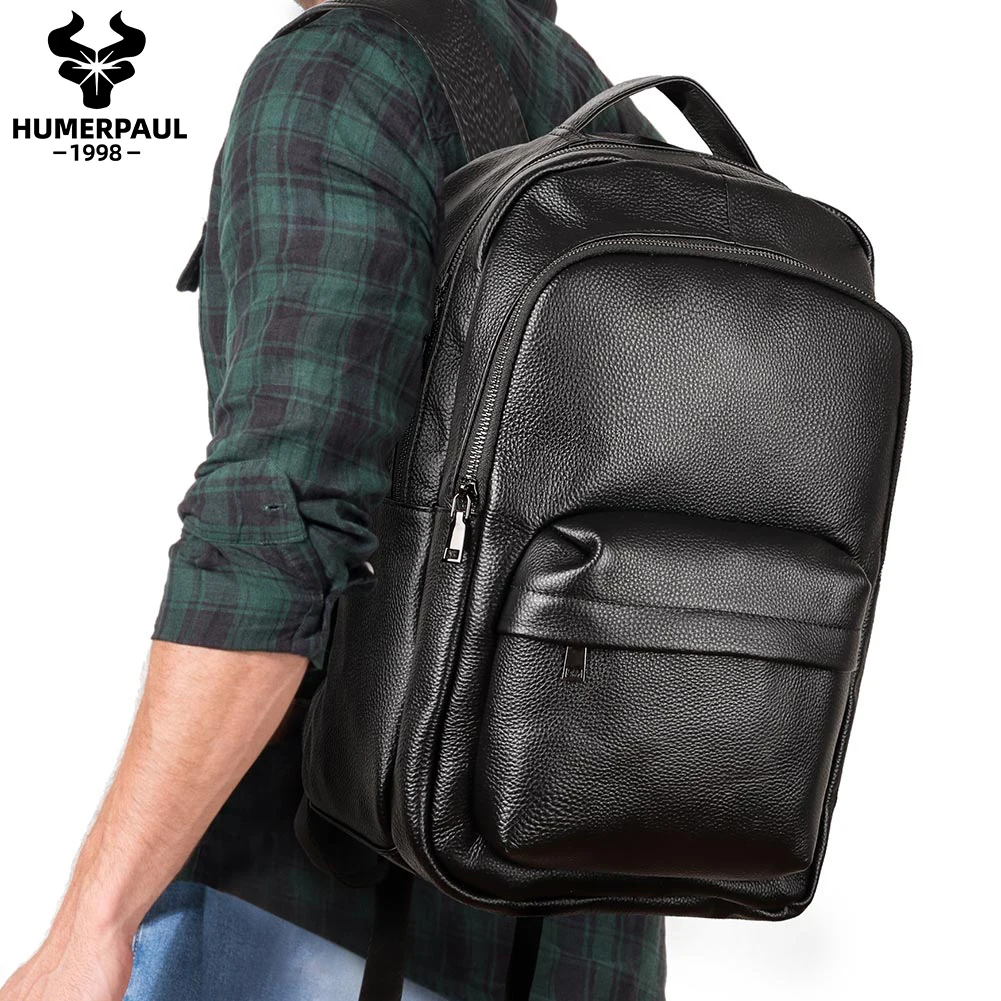 HUMERPAUL Top Layer Leather Backpack for Men Large Capacity Teenagers Mochilas Schoolbag High Quality Laptop Bagpack