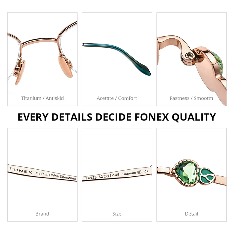 FONEX Titanium Glasses Frame Women 2025 New Luxury Brands Designer Diamond Trim Semi Rimless Eyeglasses Half Eyewear F6123