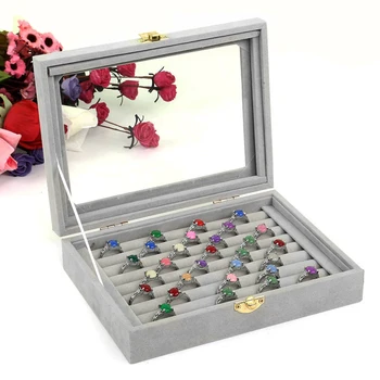 Samt Schmuck Box mit Glas Abdeckung Schmuck Ringe Stud Organizer Fach Box Tragbare Ohrringe Halskette Schmuck Display Halter Fall