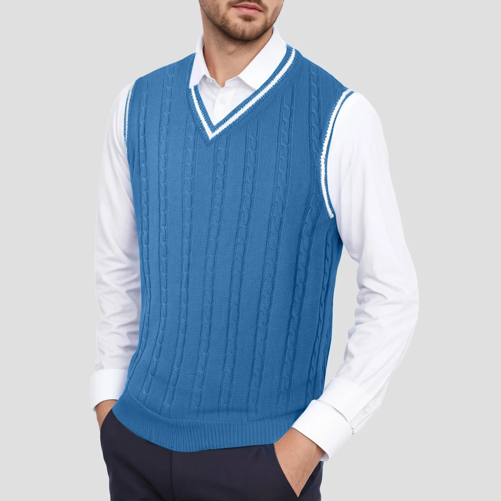 Men Solid Color Fasion Knitted Vest Sleeveless Casual  Loose V Neck Thickened Vest Bottoming Shirt Vest Hot Sweater For Men