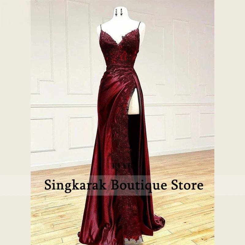 

Evening Dress Lace Prom Dress with Applique High Slit Evening Dress Lace Up Party Dress Trumpet Vestidos De Noche Customized