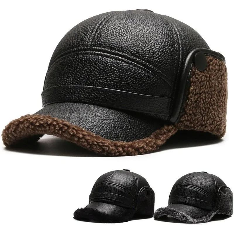 Leather Hat Winter Waterproof Thicken Earmuffs Warm Ski Hat Windproof Cold Flat Cap For Elder Men Women Essential Winter