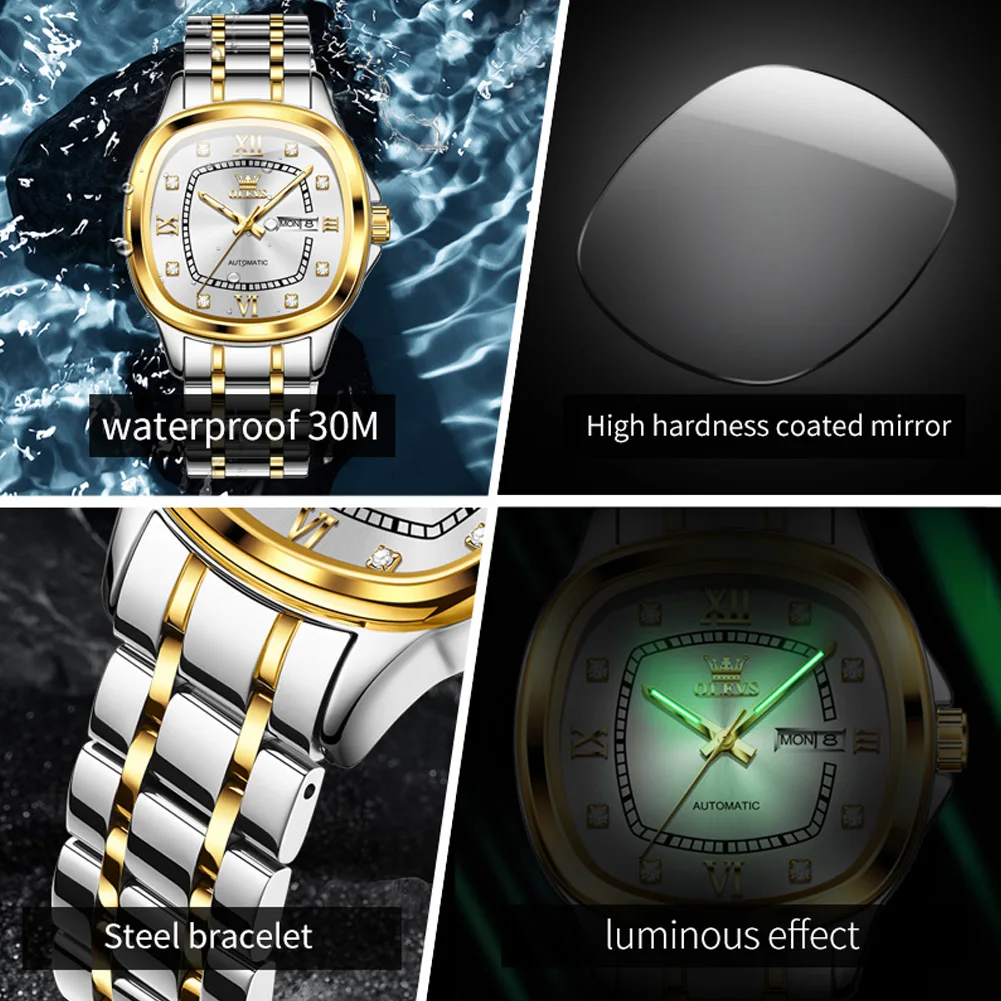 OLEVS 9810 ساعات المعصم الميكانيكية الأوتوماتيكية للرجال مربع الهاتفي التقويم مقاوم للماء الماس الهاتفي الفاخرة العلامة التجارية الأصلية رجل ساعة