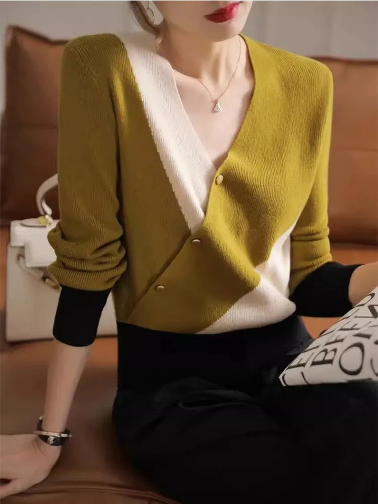 Retro V-Neck Knitted Women's Autumn/Winter New Collection Irregular Splicing Color Contrasting Versatile Sweater