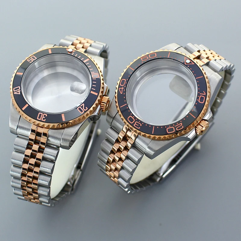 

40MM GMT SUB Watch Cases Jubilee bands Sapphire Glass For Seiko NH35 NH36 8205 2824 Movement NH35 Silver Rose Gold Watch parts