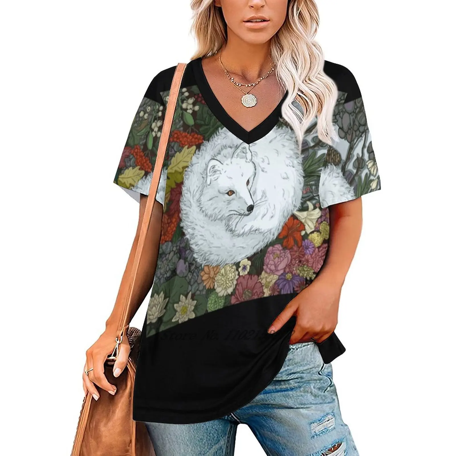 Arctic Fox Women's T-Shirt Casual Short Sleeved Tops V-Neck Zipper Tee Ladies Loose T Shirts Fox Arctic Fox Polar Fox Flowers