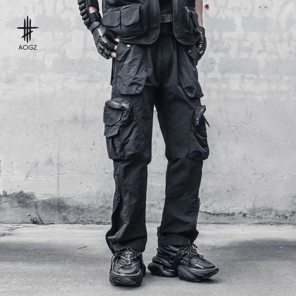 

AOGZ Casual Vintage Zipper Multiple Pockets Cargo Pants Men Pants Harajuku Hip Hop Joggers Pants Elastic Waist Trousers Techwear
