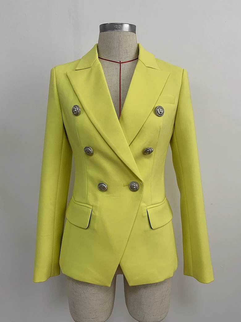 2023 HIGH QUALITY Newest Fashion Designer Women's Lion Buttons Double Breasted Fluorescence Yellow Blazer Jacket