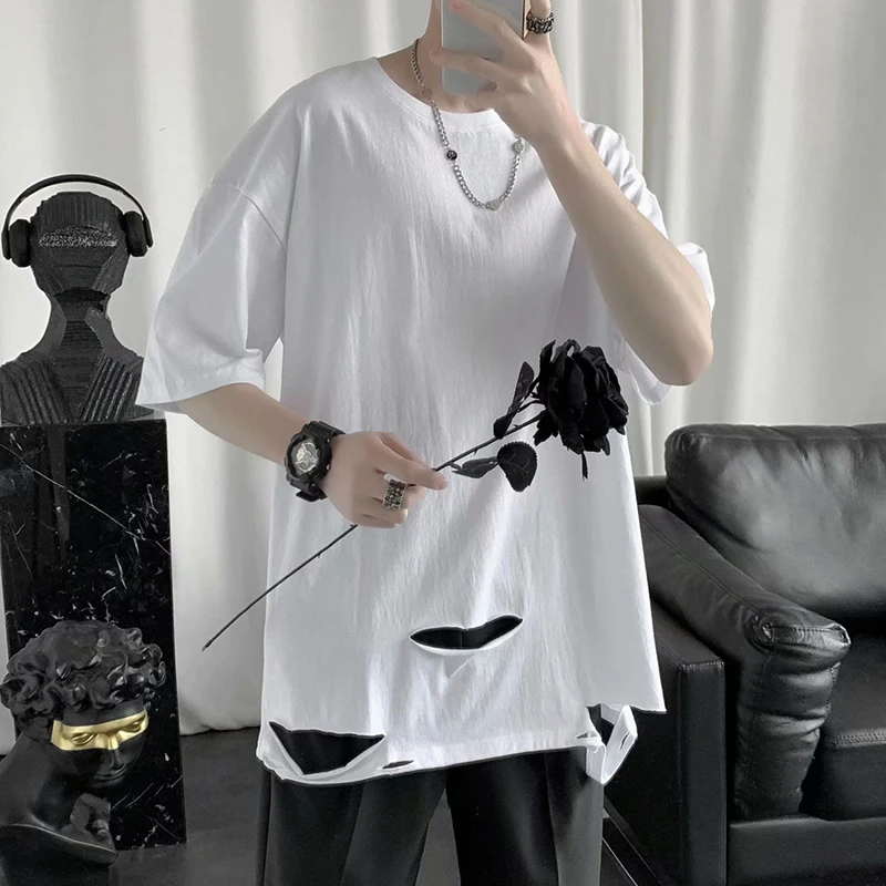 Summer Men Oversized 2xl T Shirt Short Sleeve O Neck Japanese Style Hole Streetwear Harajuku Hip Pop Fashion White Male Tee 2023