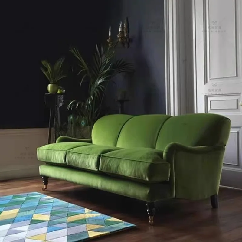 Retro emerald green dismantling and washing backrest three-person sofa, simple fabric velvet medieval furniture
