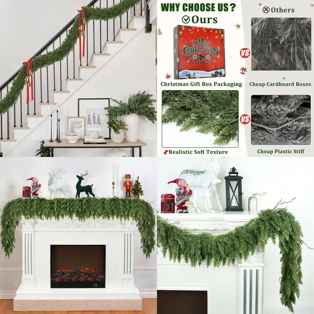 

9-футовая роскошная мягкая и толстая зеленая гирлянда из искусственного кедра, сосны и кипариса для дома, камина, стены, помещения, улицы и