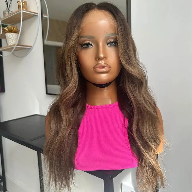 Party Wigs Ombre Caramel Brown Highlights Balayage Luxury Synthetic Lace Front Wig Natural Long Looes Wave Wig Soft Glueless Wig