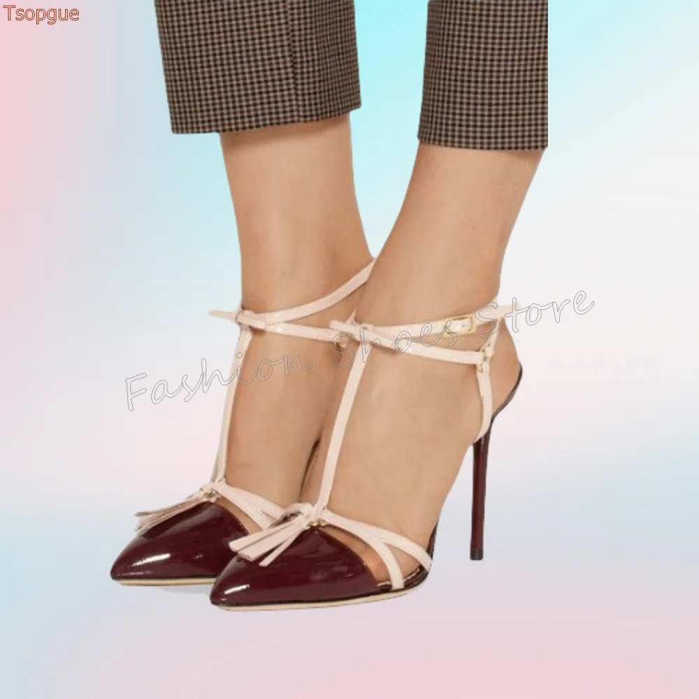 

Claret Pointed Toe Tassel Decor Sandals Ankle Strap Thin High Heels High Heel Shoes for Women Heels 2025 New Zapatos Para Mujere