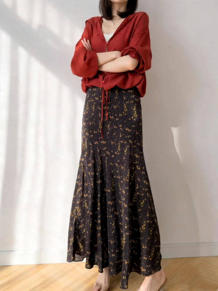 Birdtree, 100% Silk Skirt,  Women Double Crepe Bias-cut Elegant Skirts, Elastic Waist, Fishtail Bodycon Skirt, 2026 New D63410JF