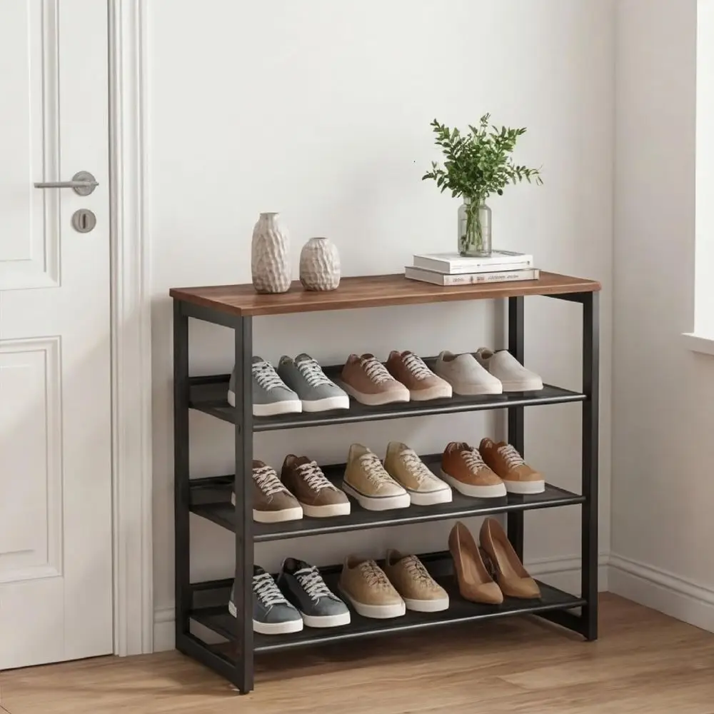 

4-ярусная металлическая подставка для обуви с коричневой деревянной столешницей, 11,8 глубиной x 25 шириной x 28 высотой, регулируемые сетчатые полки, идеально подходит для прихожей или коридора.