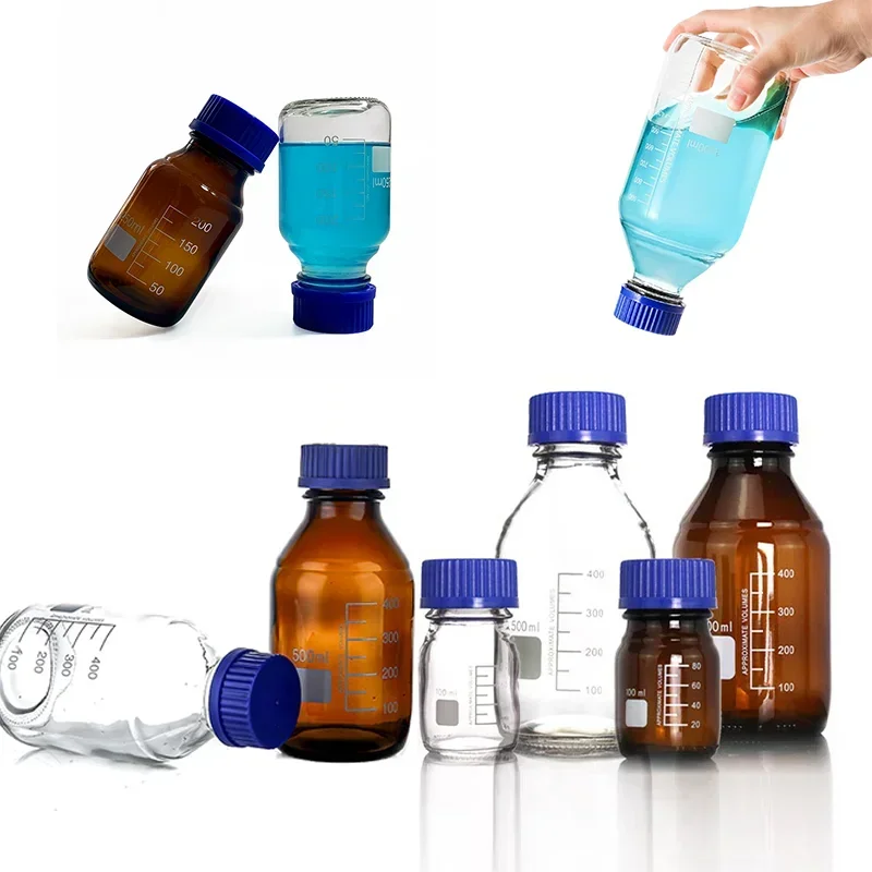 3pcs 25-1000ml Empty Non-High Borosilicon Glass Media Storage Bottles with Blue GL45 Screw Caps for Lab Mixtures Reagent Liquids