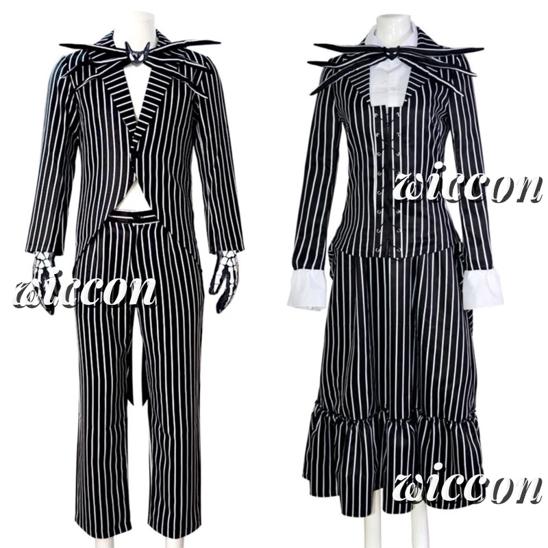 Jack Cosplay Costume Movie Skelington Cosplay For Women Men Striped Top Pant Outfit Halloween Party Uniform