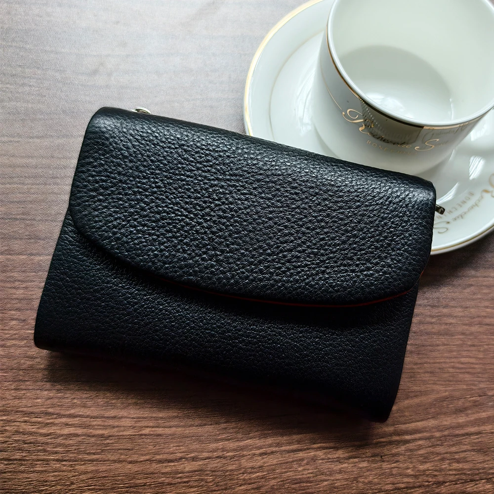 Tril Fold Women's Wallet Tumbled Full Grain Soft Cow Leather 2-tone Black & Red Short Purse Organizer with Card Holders  Wallets