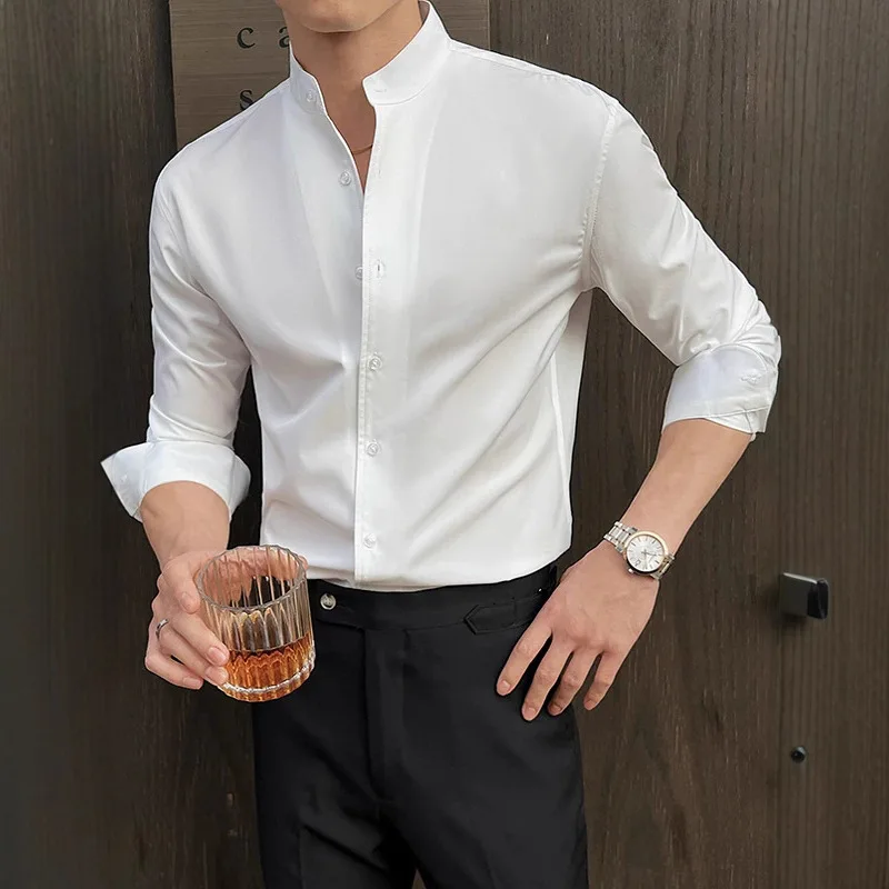Men's Solid Color Stand Collar Long Sleeve Casual Business Trendy Basic Daily Shirts Male New Fashion Slim Suit Undershirts Tops