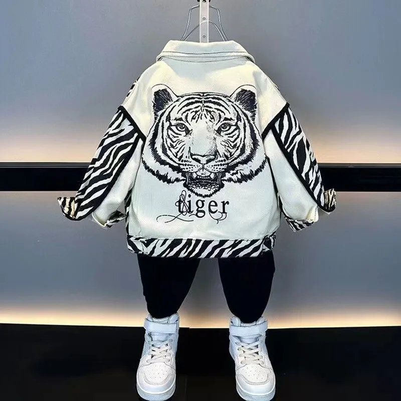 Boys Spring and Autumn Coat 2024 New Boys Fashion Jacket Children\'s Cartoon Tiger Patchwork Top Boys Jacket