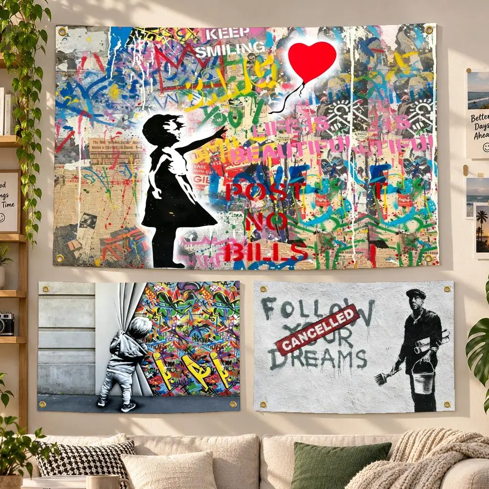 Art Banksy Urban Graffiti Stencil Style Flags Personalized Banner Flag Room Dorm Camping Picnic Garage Bar Outdoor Wall Decor