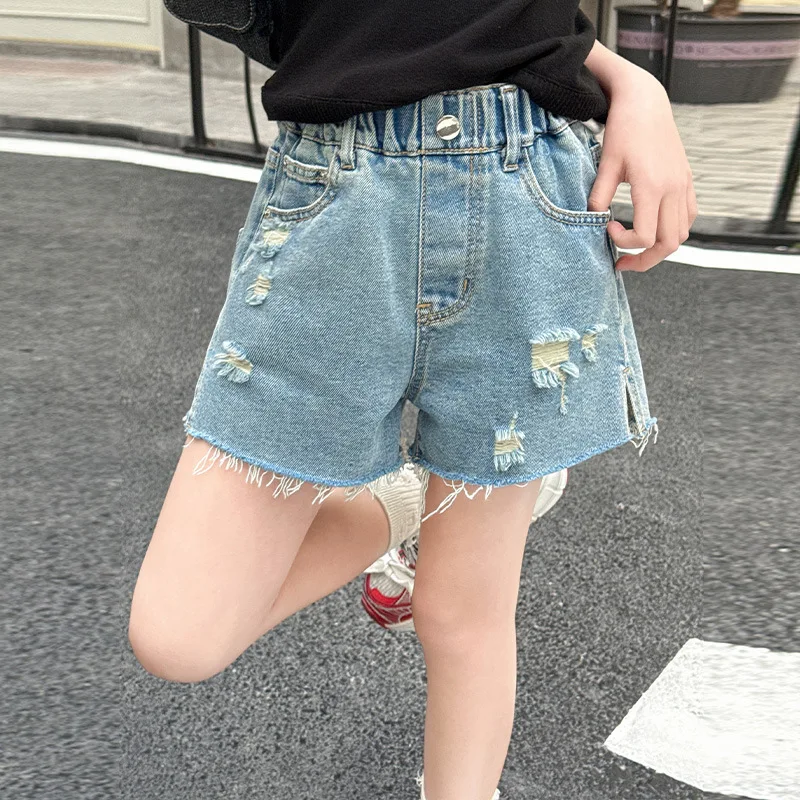 Teenager Girls Ripped Denim Shorts, Tween Children Frayed Hem Hotpants, Teen Kids Summer Shorts, Suitable for Ages 7-14 Year