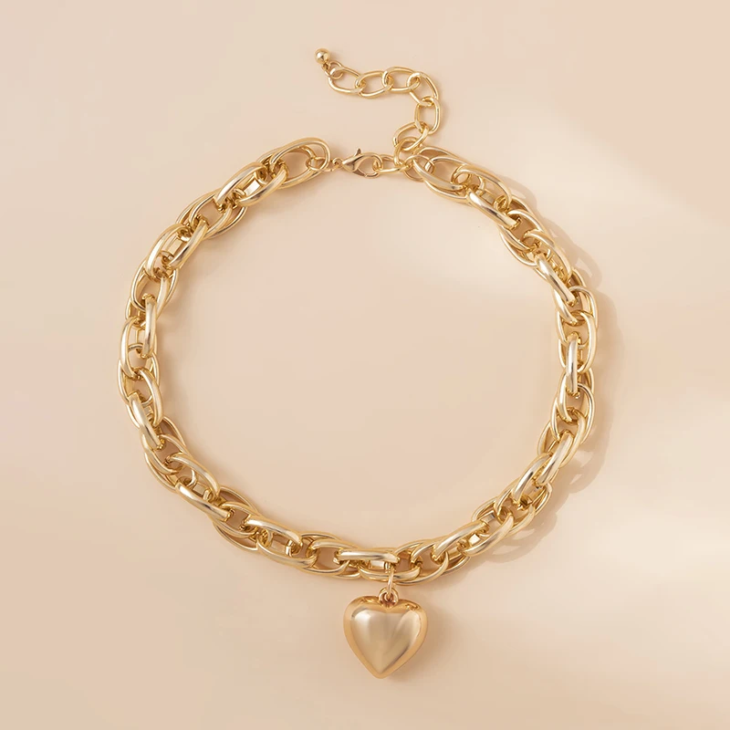Punk Love Heart Pendant Necklaces Fashion Hip Hop Double Layered Gold Silver Color Thick Chain Choker Necklace Party Jewelry