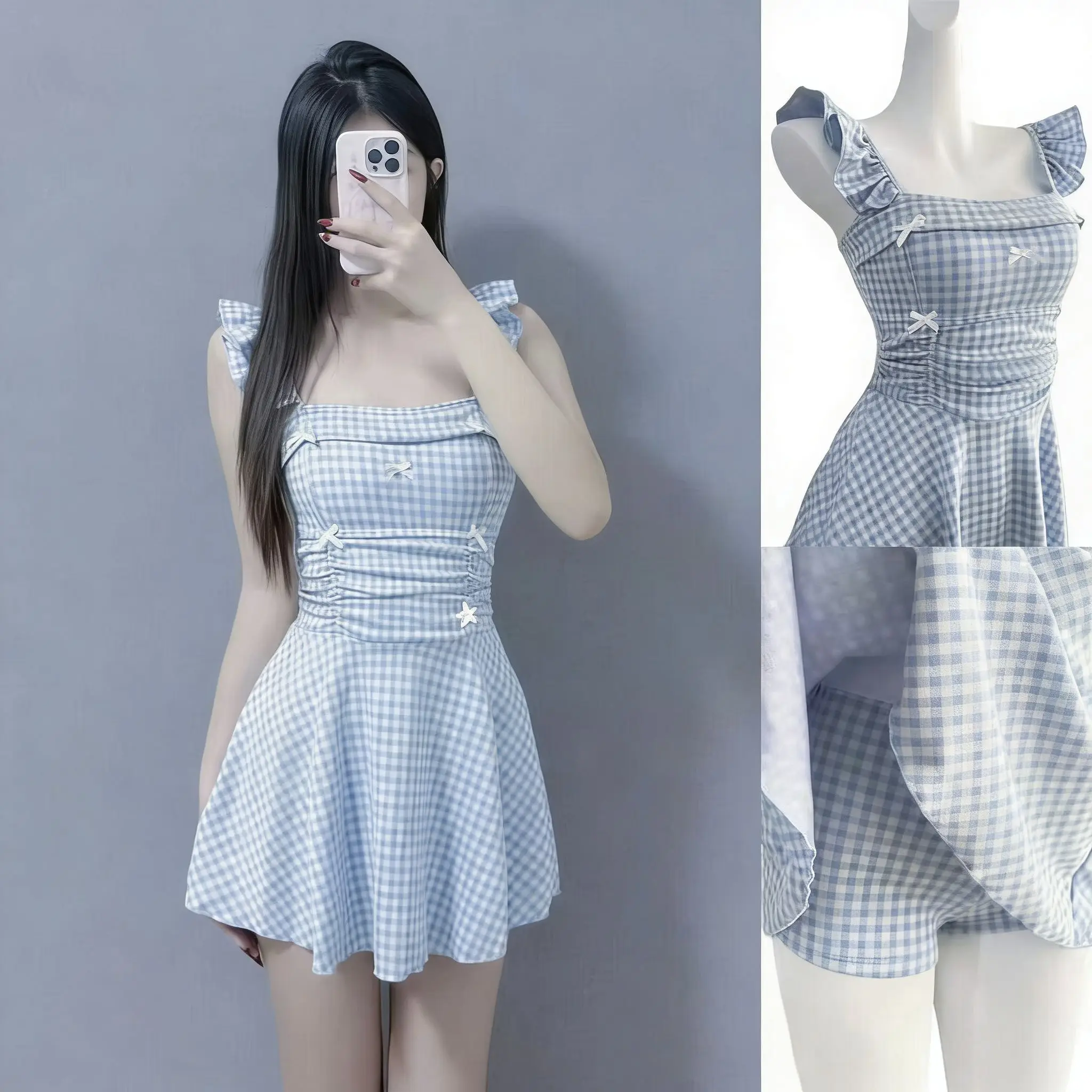 

Women's 2026 New Sweet Style Blue Plaid Bikini Strapless One-Piece Waist Cinching Slimming Hot Spring Vacation Swimwear