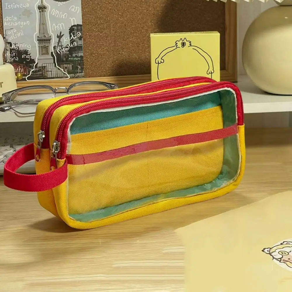 Durable Multi-layer Contrast Color Pen Bag Large Capacity Portable Stationery Storage Box Transparent DIY Pen Pouch School