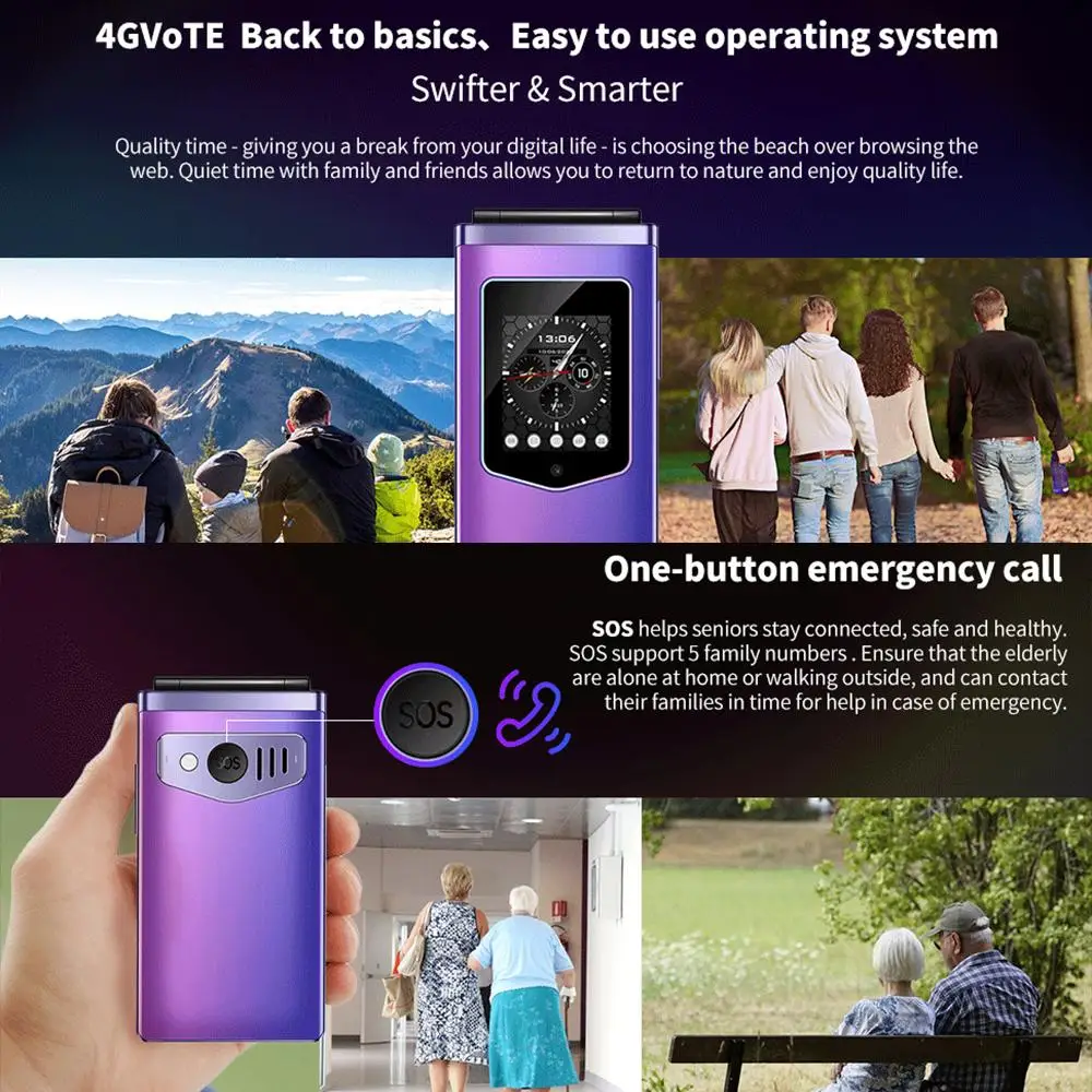 HAMTOD T8 4G フリップ電話 2.8 インチ + 1.77 インチ VoLTE BT SOS OTG 128MB ROM 48MB RAM 1500mAh バッテリー 0.3MP カメラ携帯電話