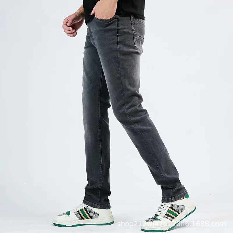Classic pure white men's casual slim jeans with multiple colors available, fashionable and versatile