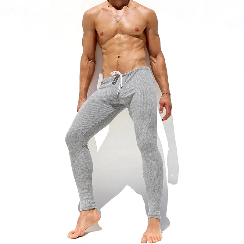 Sexy Stretch Slim Fit Knit Pants Mens Pajamas Autumn Casual Drawstring Solid Color Ribbed Knitted Pants For Men Spring Trousers