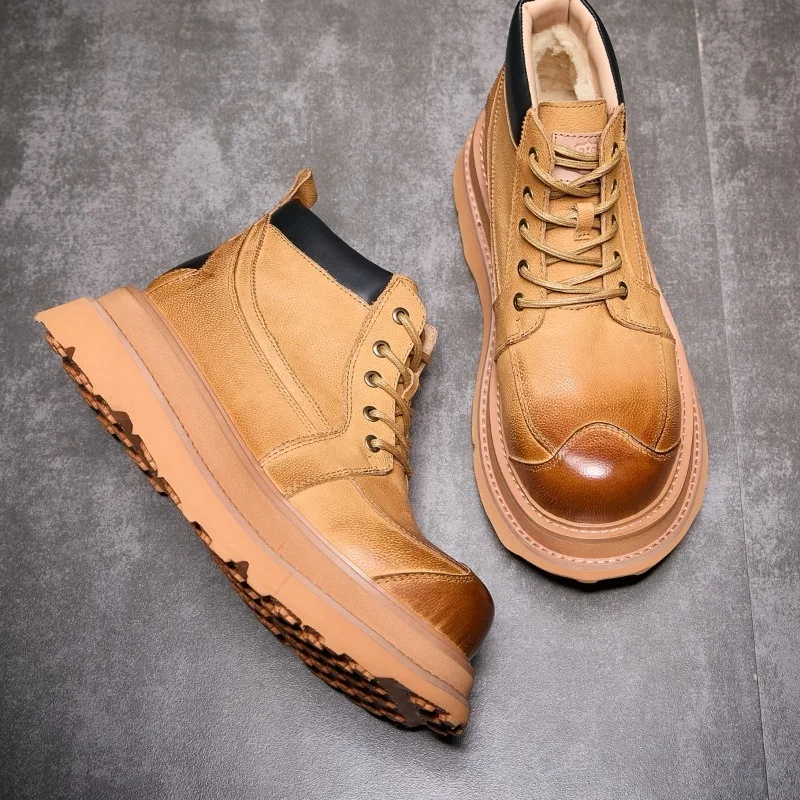 

Winter Men's Snow Boots Genuine Leather Thick Sole Casual Waterproof Anti Slip Cotton Shoes Male Warm Wool Sport Ankle Boots