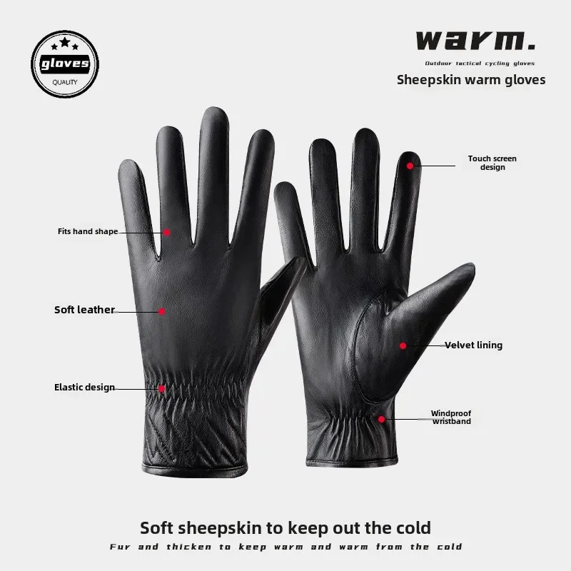 Autumn winter black leather gloves for men, warm touchscreen waterproof outdoor cycling motorcycle gloves