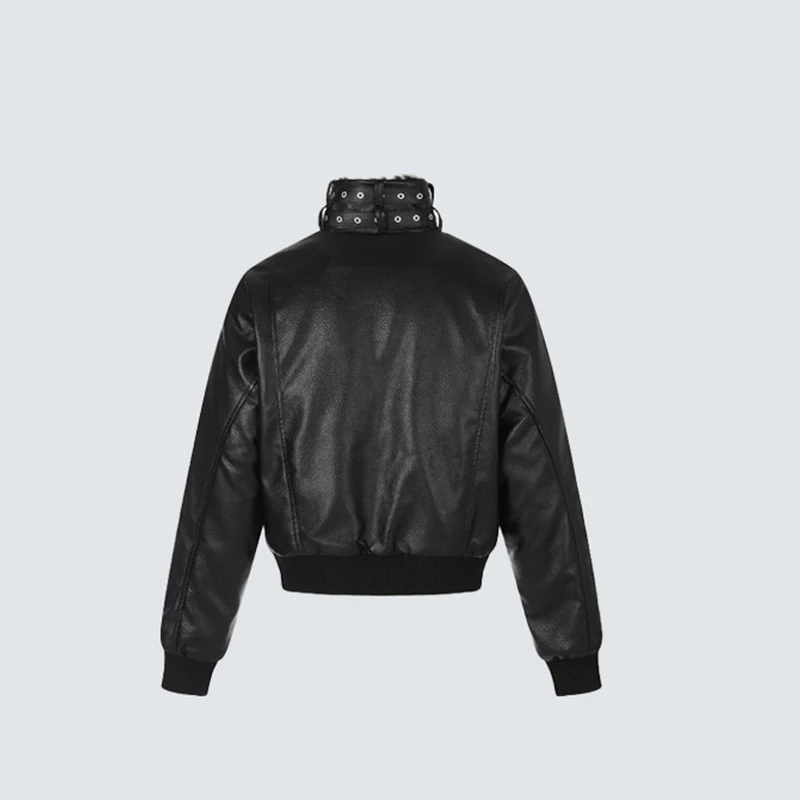 American Punk Metal Buckle Strap Stand Collar Leather Jacket For Men And Women Thick Fur Lining Casual Cotton Jacket