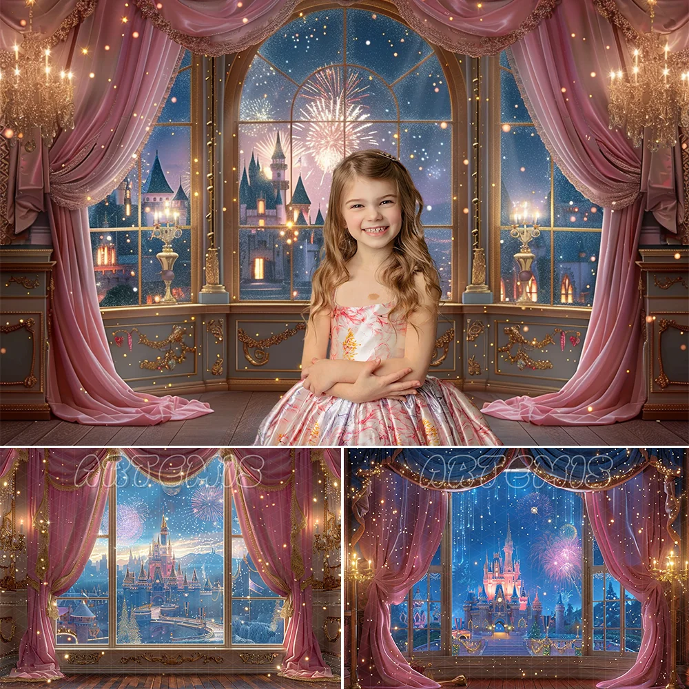 Fairy Tale Photography Backdrop Castle Pink Curtain Light Window Firework Night Gold Trimmings Background Photo Studio Photocall