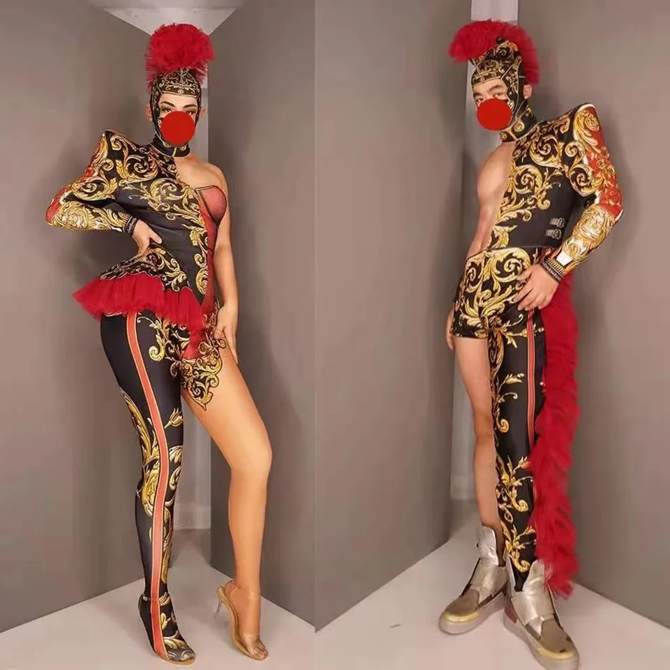 

Sexy Women man drag queen Performance Costumes red Print 2 item jumpsuit and headdress party club Stage Dance Jumpsuits designer