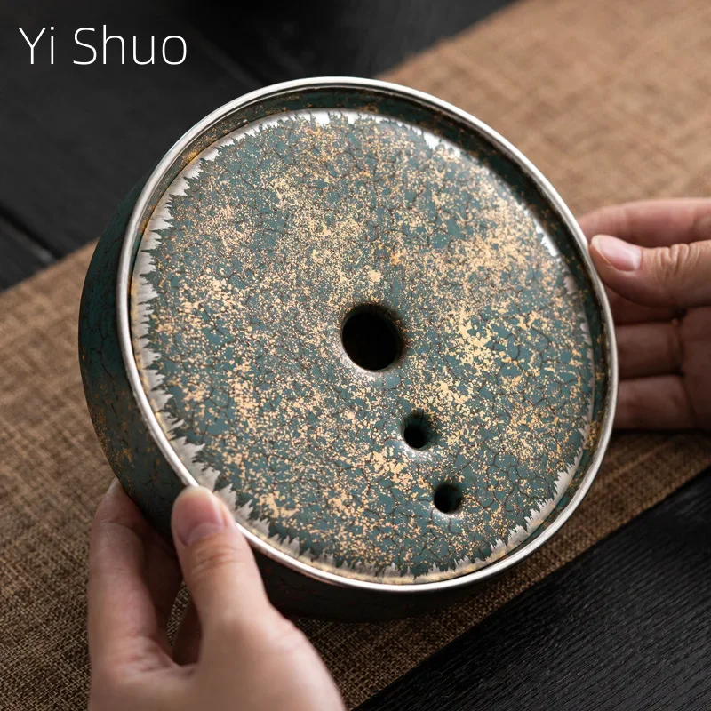 Evergreen Glaze Gold and Silver Color Water Storage Japanese Simple Ceramic Tea Table Kung Fu Tea Ceremony Tea Tray Serving Tray