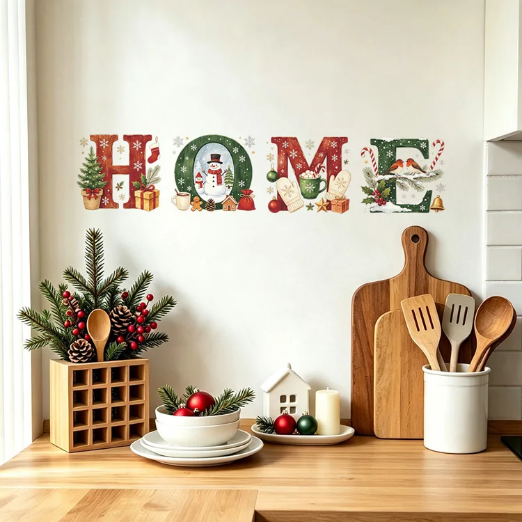 Weihnachten Zuhause Englische Wandaufkleber Schneemann Weihnachtsbaum Raumdekoration Wandbild Küche Restaurant für Neujahrsdekoration Aufkleber – Detail 2
