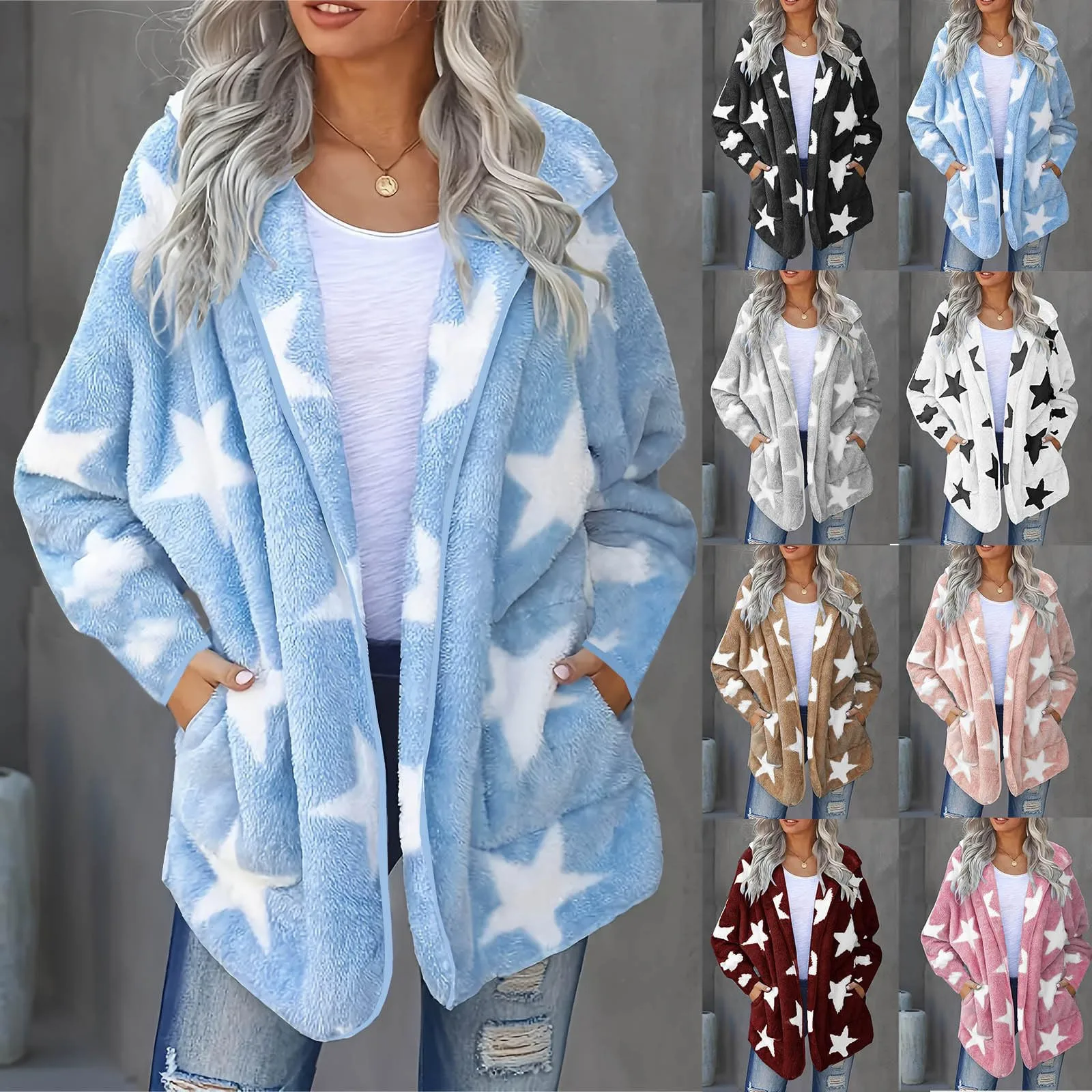 Women's Stars Print Long-sleeved Cardigans Fleece Loose And Warm Mid-length Plush Windbreaker Female Coat Fleece Jackets