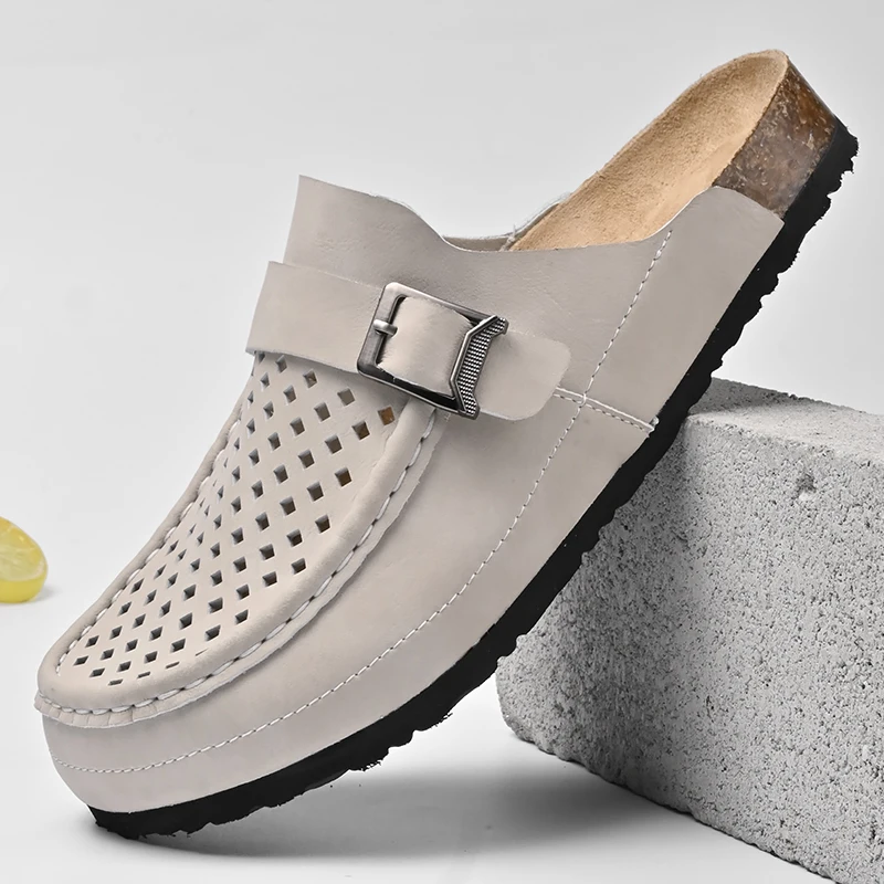 Large Size Summer Handmade Genuine Leather Breathable Backless Mules Slides Sandals for Men Slip On Flats Walking Casual Shoes