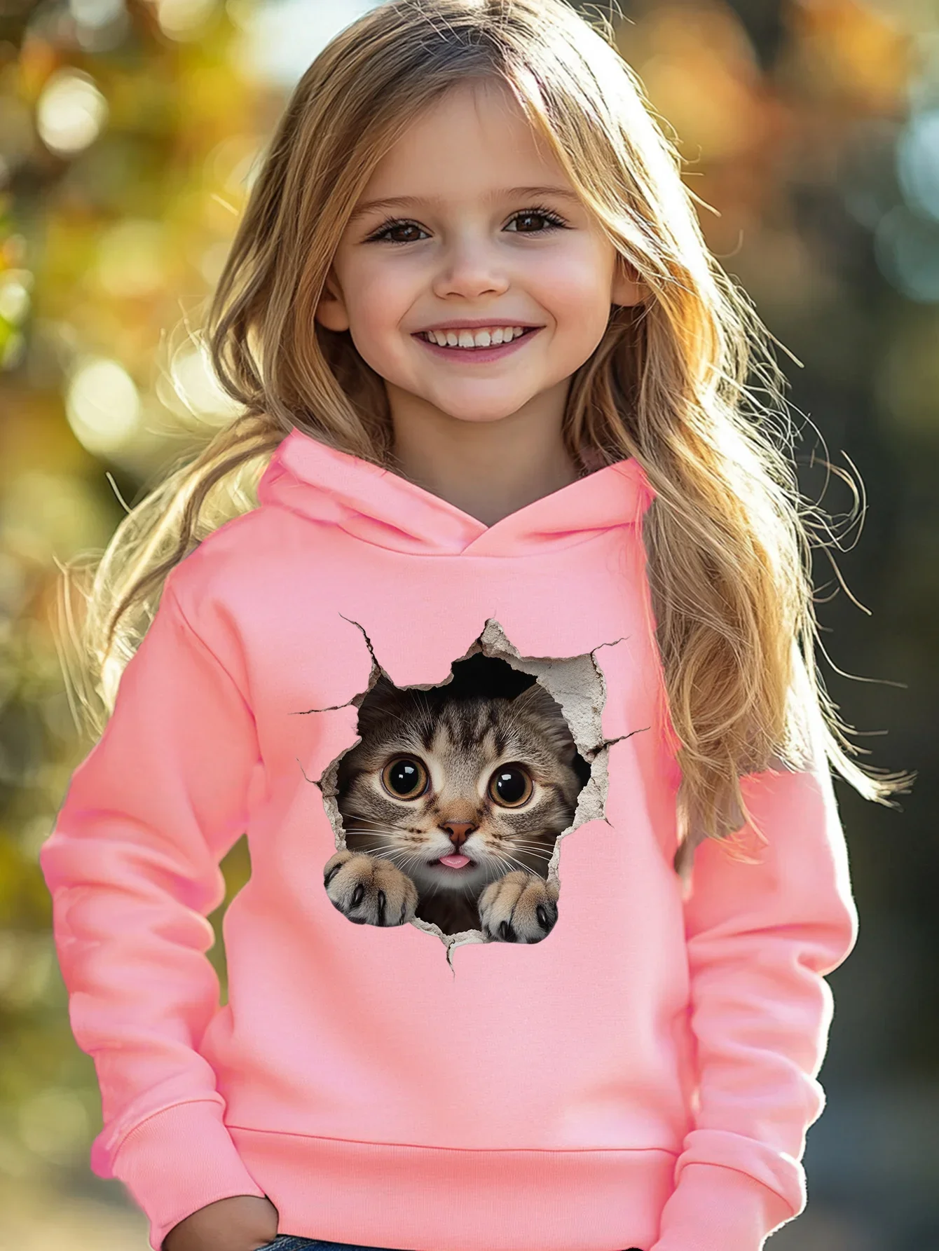 Funny 3D Kitten Kids Hoodie Break Through Paper Tabby Cat Cute Pet Cartoon Print Autumn Winter Fleece Warm Trendy Sweatshirt