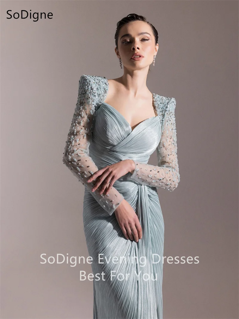 SoDigne Arabic Evening Dresses Full Shoulder Sleeves Pleat Sweetheart Prom Dress Floor-Length Prom Party Gown 2025 Customized